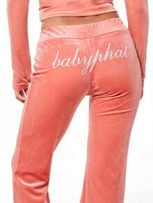 BABYPHAT Velour Flare Leggings With Embroidered Logo Detail And Wide-Leg Silhouette - Coral Pink - View 5