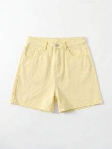SHEIN EZwear 夏季休閒純色牛仔短褲 - 卡其色 - 查看 2