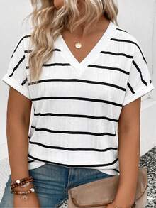 EMERY ROSE Camiseta de mujer de talla grande, nueva y de gran para primavera/verano, de punto acanalado con estampado de rayas, diseño de capas, cuello en V, casual y versátil - Multicolor - Ver 1