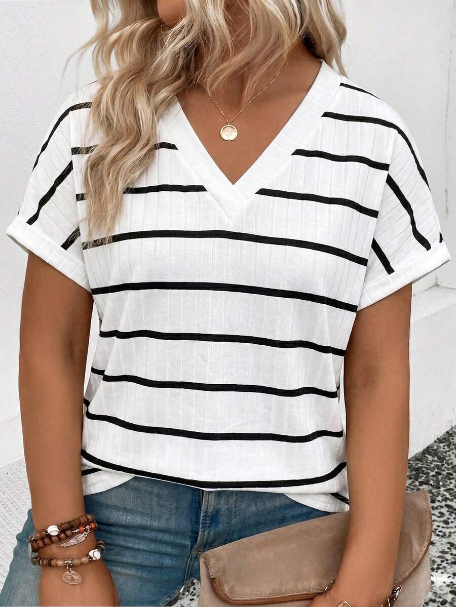 EMERY ROSE Camiseta de mujer de talla grande, nueva y de gran para primavera/verano, de punto acanalado con estampado de rayas, diseño de capas, cuello en V, casual y versátil - Multicolor - Ver 1