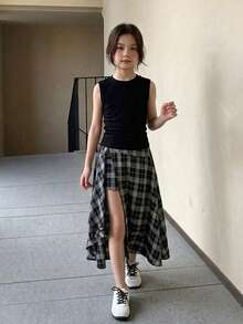 Hapijoa 青少年女孩夏季休閒素色背心上衣 & 格紋不對稱下擺裙 2件套 - 黑色 - 查看 2
