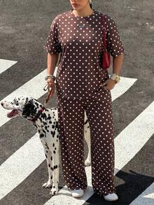 Muchica 2pcs/Set Plus Size Women Chocolate Brown Polka Dot Round Neck T-Shirt And Pants - Chocolate Brown - View 4