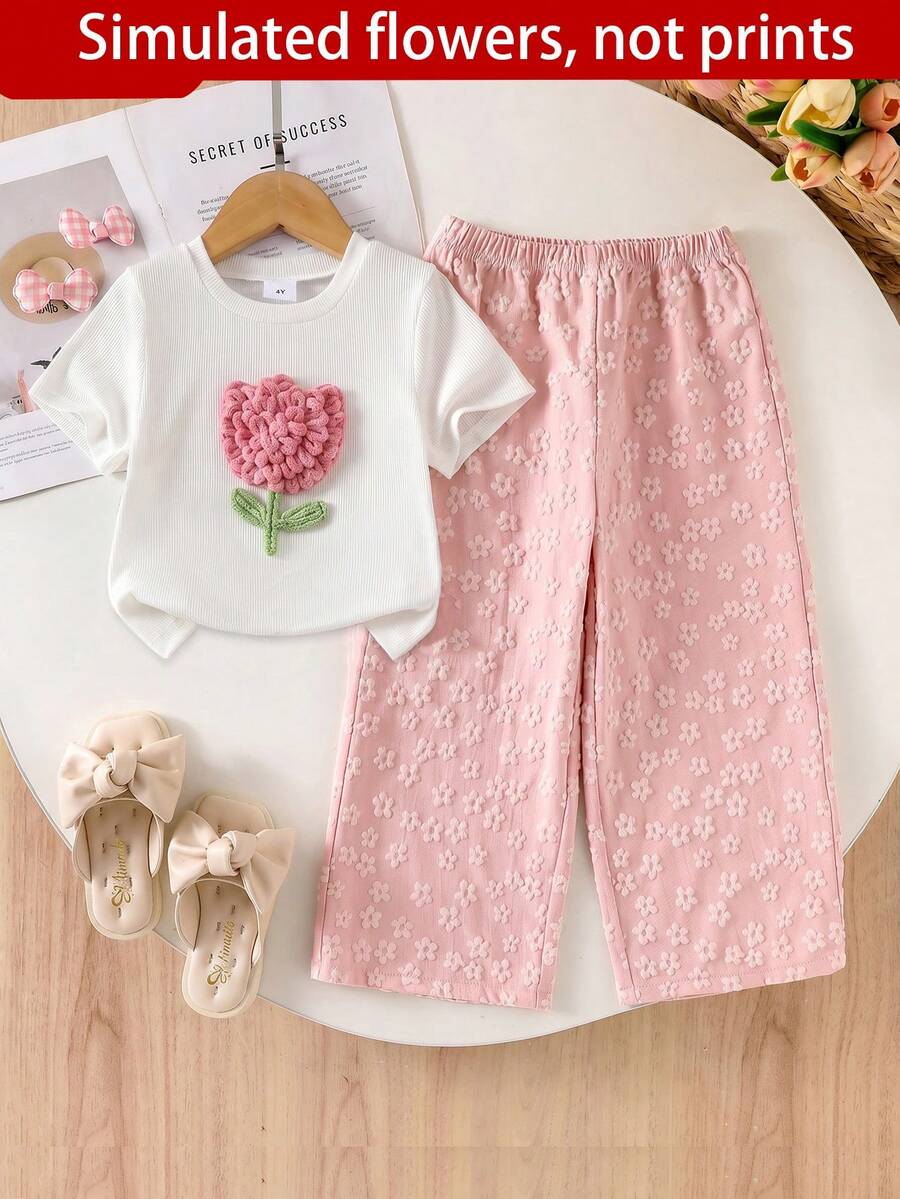 Genkimix Kids 2pcs/Set Young Girls Textured Tee With 3D Floral Decor Casual Long Pants, Suitable For And Outings Summer Sets Girl's(Small)T-Shirt Set Birthday - Pink - View 1