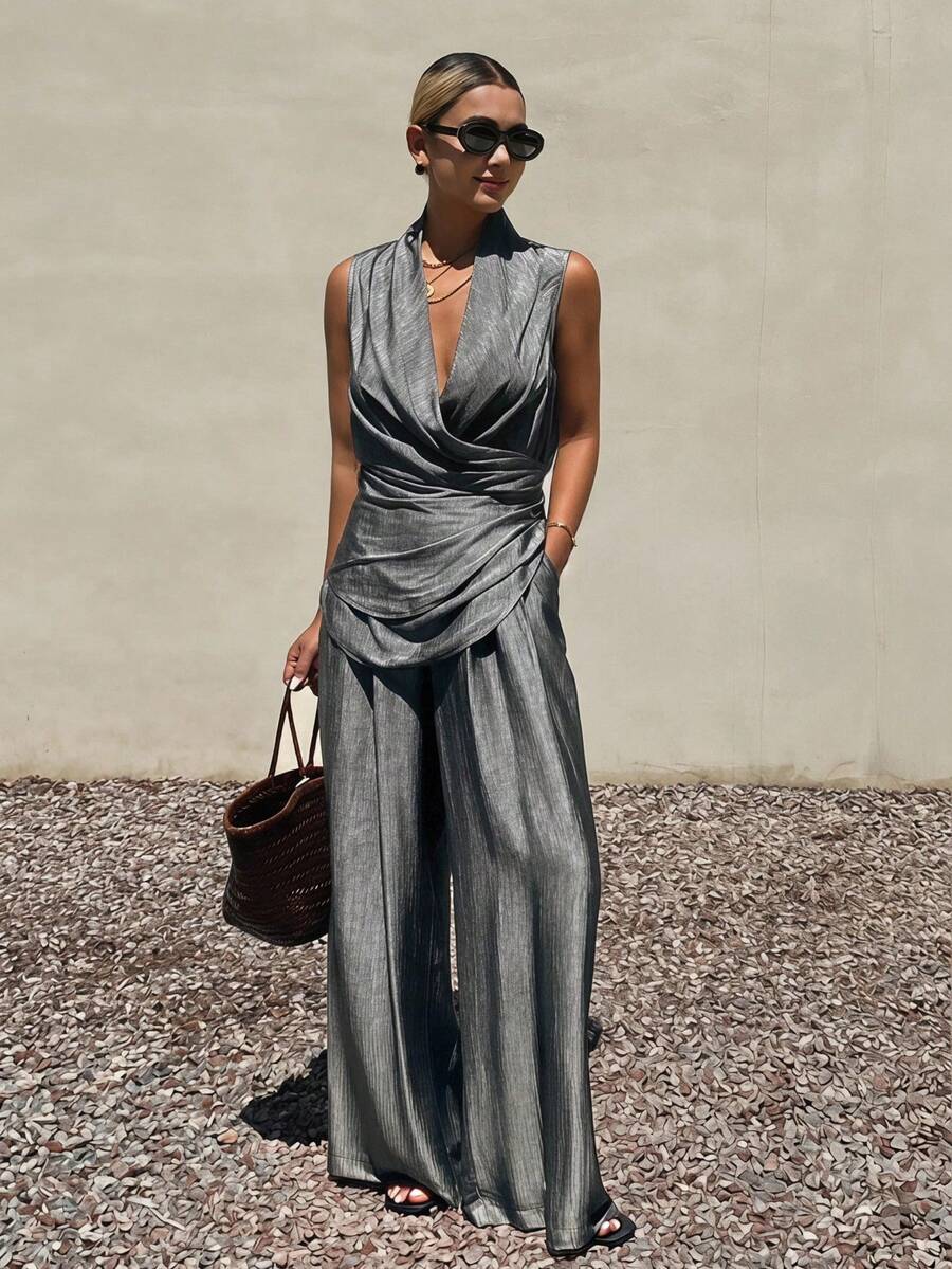 Livesso Conjunto de 2 piezas para mujer: Elegante top chaleco con pechera asimétrica & Pantalones casuales de pierna recta, atuendo de verano para ir al trabajo, negocios, boda, banquete y vacaciones - Gris - Ver 1