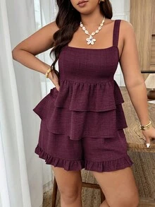 Weeklong Women's Plus Size Spring/Summer Casual Camisole Ruffle Hem Top And Ruffle Hem Pants 2-Piece Set, Suitable For Vacation And Daily Wear - Maroon - View 5