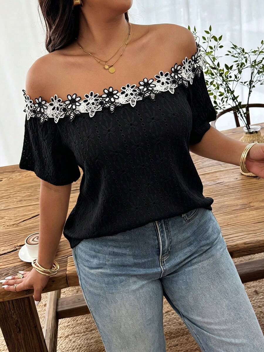 Weeklong Women's Plus Size Spring/Summer Casual Off-Shoulder Contrast Color Ruffle Trim Textured Knit Fabric T-Shirt - Black - View 1