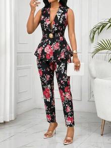 SHEIN Lady Plus Size Women's Floral Print Waist Metal Single Button Sleeveless Jacket And Pants Elegant Suit Set - Black - View 7