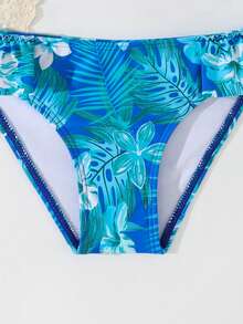 SHEIN Young Girls Pleated Leaf Print Two-Piece Swimsuit Set - Royal Blue - View 5