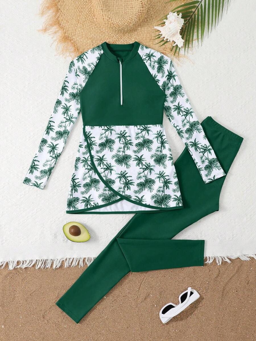SHEIN 青少年女孩細肩帶比基尼背心,長袖兩件式泳衣,可愛印花泳裝,適合海灘度假 - 墨綠色 - 查看 1