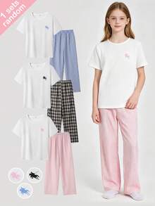 SHEIN Teen Girls Pony Print White Short Sleeve Striped Bubble Check Long Pants Set, Random Surprise Blind Box 3-In-1, Loungewear - Multicolor - View 5