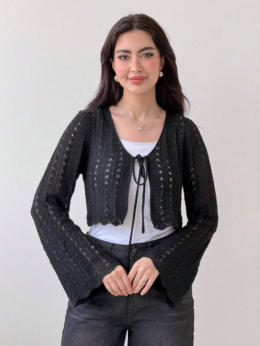 Yasmeen Edit Yasmeen Edit 女款翻領自綁帶喇叭袖開襟外套 秋冬上衣 黑色 - 黑色 - 查看 1