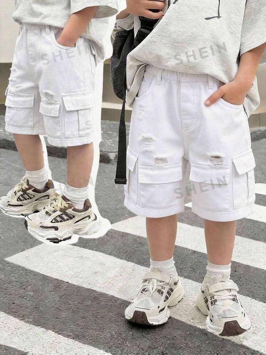 SHEIN Little Byeori 男童新款时尚做旧休闲柔软基础款纯棉白色牛仔破洞磨边工装短裤,春夏款,适合日常穿着、街头风、节日、派对、海滩、生日、乡村等场合。 - 白色 - 查看 1