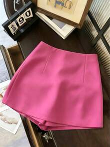 Franclia Women's Solid Color Metal Button Design Split Hem Skorts - Hot Pink - View 2