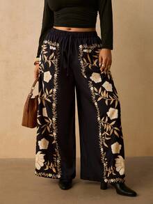Levarali Plus Size Tropical Vacation Style Boho Wide Leg Casual Long Pants Vacation Black Autumn - Black - View 1