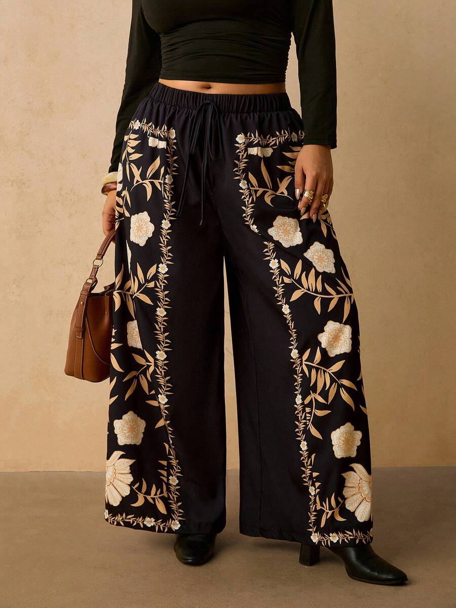 Levarali Plus Size Tropical Vacation Style Boho Wide Leg Casual Long Pants Vacation Black Autumn - Black - View 1