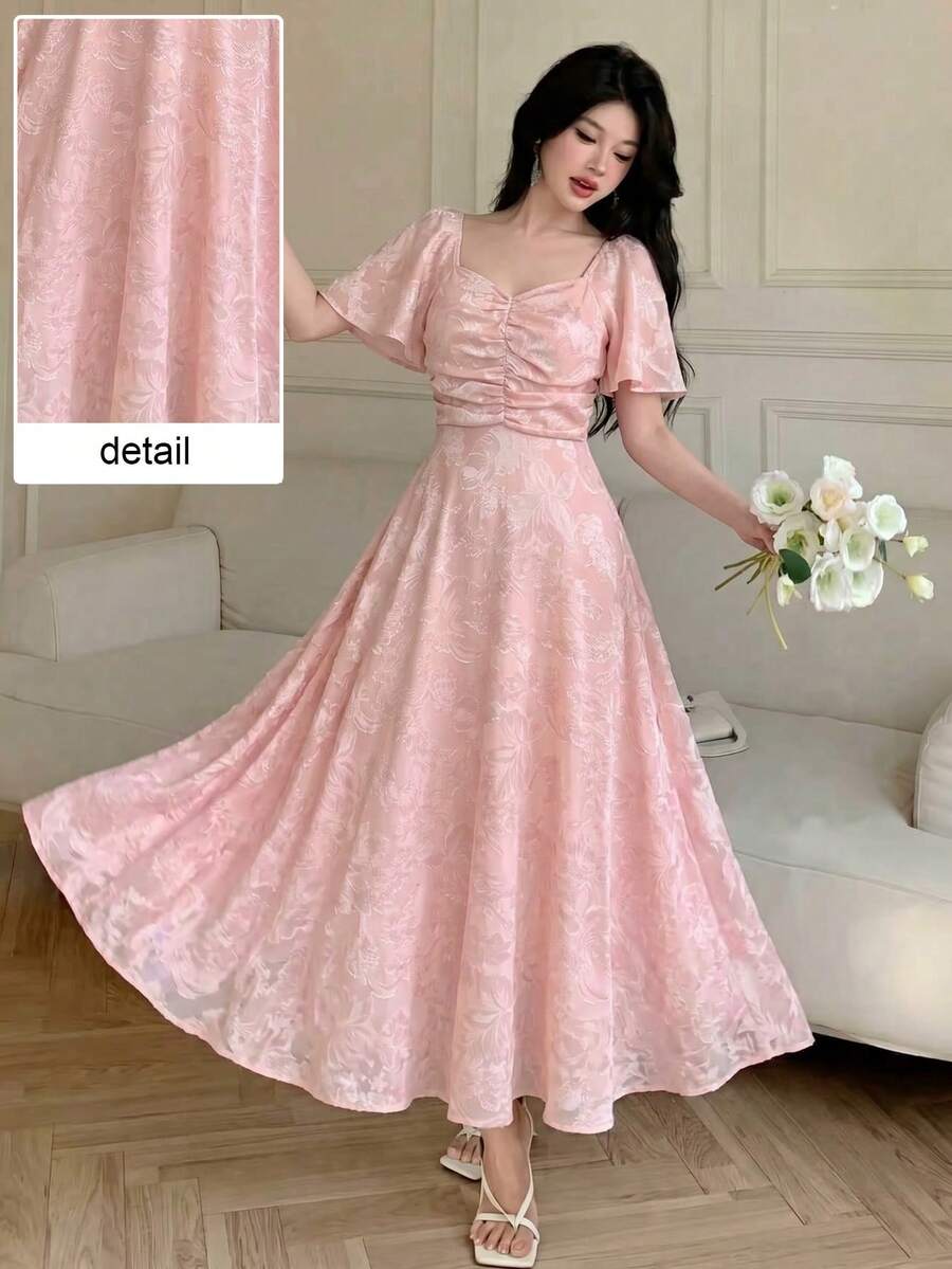 Modelyn Pink Cut-Out Batwing Sleeve Ruched Summer Sweet French Style Midi Dress For Women