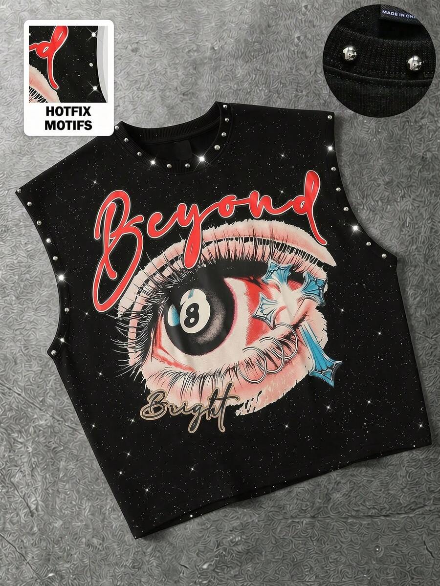 ROMWE MEN Vintage Glitter Design Sleeveless Tank Top, Retro Streetwear - Black - View 1