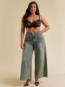 SHEIN BAE CURVE 大码复古全覆盖性感钢圈文胸，浪漫法式撞色蕾丝，日常穿着性感内衣，提升 - 黑色 - 查看 3