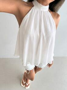 Aloruh Women's Elegant Shiny Pink Backless Top - White - View 5