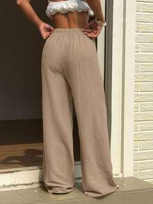 Breezaya Plus Size Women's Long Elastic Waist Casual Loose Solid Color Pants Suitable For Daily Commute Wear Suitable For Spring And Summer Versatile Pants - Khaki - View 2