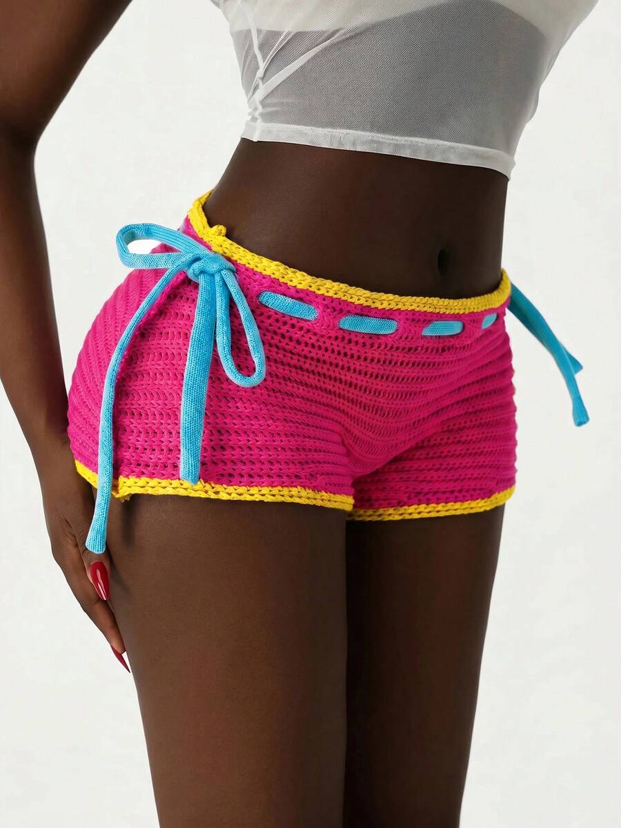Amplova 2026 New Dopamine Color Vacation Women's Knit Mini Shorts - Hot Pink - View 1