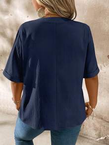 EMERY ROSE Casual Daily Notch Neck Wood Button Decor Short Sleeve Plus Size Shirt - Navy Blue - View 2