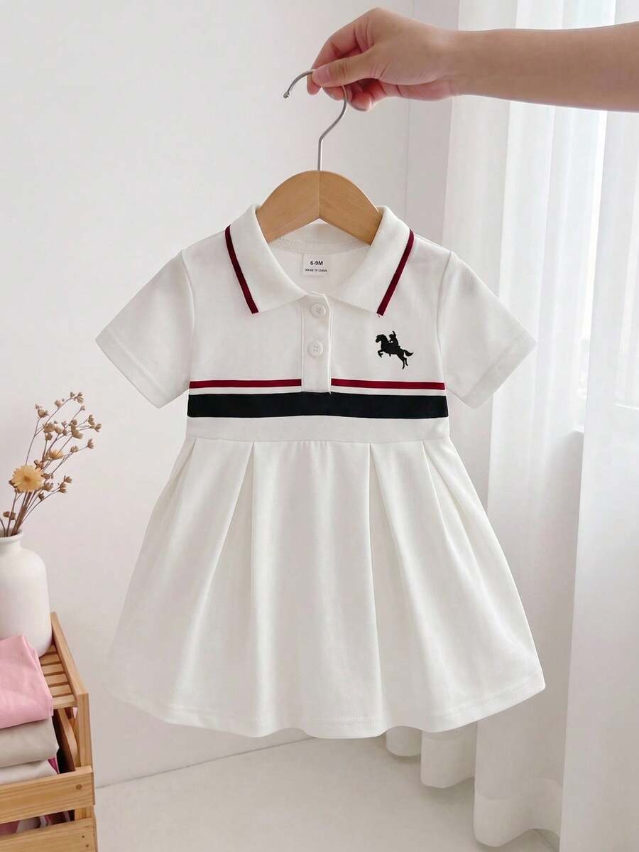 SHEIN 1件女嬰 Polo領條紋馬匹印花休閒運動風收腰 A字洋裝，適合夏季日常出遊、購物、旅行與度假
