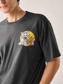 Strevion TOM & JERRY 男士休闲百搭汤姆和杰瑞元素印花短袖T恤 - 深灰色 - 查看 6