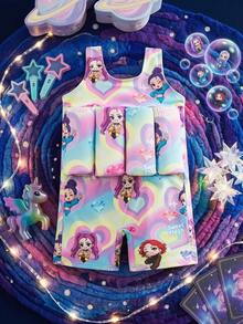 SHEIN 女童新款時尚女孩連身無袖短褲泳衣，可愛印花泳裝，女童無袖連身泳衣 - 粉色 - 查看 5