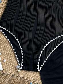 SHEIN Tween Girl Solid Color Fashionable Starfish Decor One-Piece Swimsuit - Black - View 5