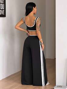 Coolane Black High Stretch Sports Set For Women, Breathable Athleisure Crop Top And Wide Leg Pants Two Piece Outfit - Black and White - View 6