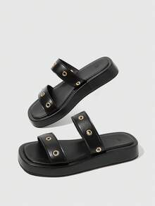 HighSole Spring And Summer New Metal Rivets Double With Open Toes Thick Bottom Black Personalized  Sandals Women Wear Shopping Travel Versatile - Black - View 3