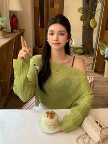 DAZY 女款透視不對稱領長袖針織上衣 適合海灘度假 萊姆綠 秋季 性感休閒 不對稱領上衣 - 綠色 - 查看 8