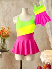 Traje de baño de una pieza con cuello redondo y bloques de color para niña - Rosa Fucsia - Ver 6