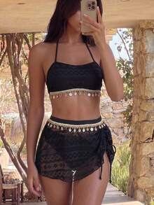 Bonvoyette Conjunto de 3 piezas de bikini para mujer para vacaciones de verano, negro, con malla jacquard, tirantes de hombro desmontables, falda bandeau, decoración de conchas, traje de baño y ropa de playa - Negro - Ver 1
