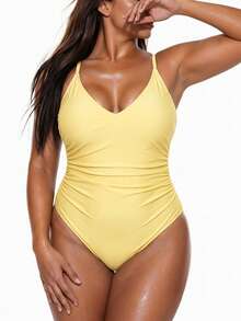 Oceva 2026 Spring/Summer New Plus Size One-Piece Solid Color Ruched Women's Swimsuit - Yellow - View 4
