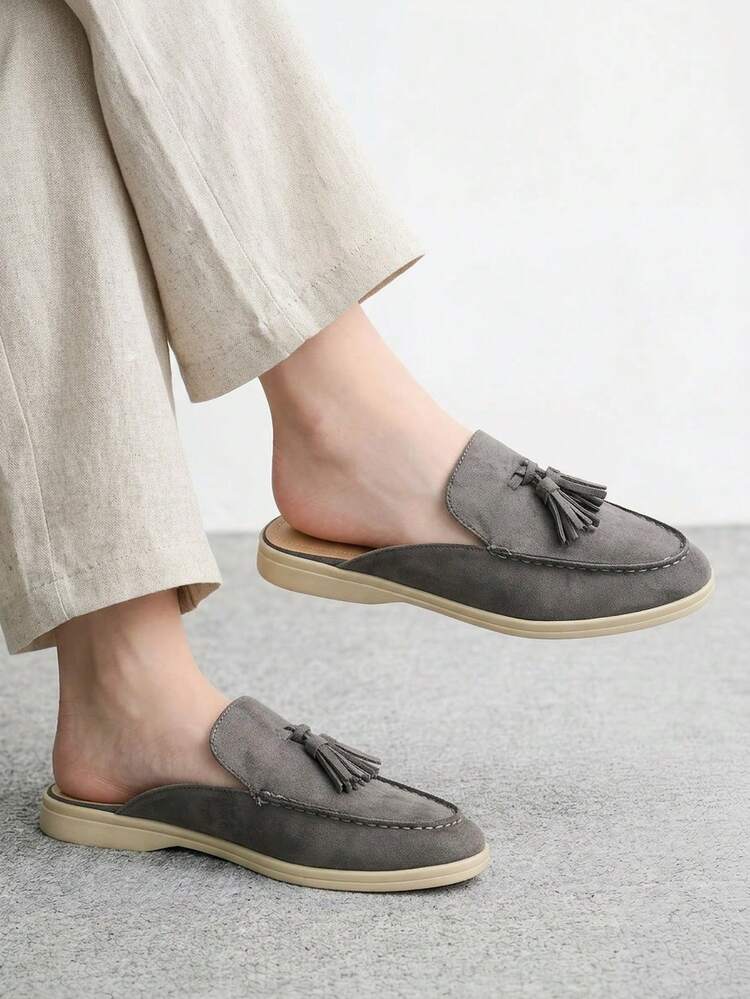 CUCCOO BIZCHIC Women's Shoes Fashion Gray Suede Fringed Comfortable Flat Muller Shoes Suitable For Outdoor Dating Daily Commute