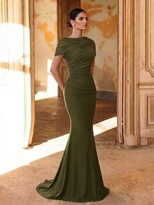 Aureia Gaun Bridesmaid Model Duyung dengan Hiasan Ruffle dan Lapisan Chiffon Elegan, Gaun Malam Formal Terjangkau untuk Tamu Pernikahan, Warna Hijau Zaitun, Musim Semi - Hijau Tentara - View 5