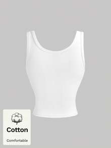SHEIN MOD 女款棉質水鑽圓領無袖短版白色甜美性感休閒 Coquette 風背心，適合外出、夜晚、日常、情人節，春夏季穿搭 - 白色 - 查看 2