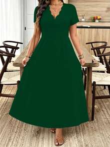 Breezaya Plus Size Women's Wavy Collar Fashion Commuter Long Dress - Dark Green - View 7