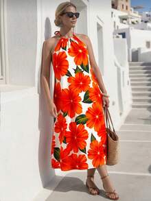 GlowEve CURVE Plus Size Women Floral Print Halter Neck Vacation Dress Beach Vacation White Summer Curve - Multicolor - View 4