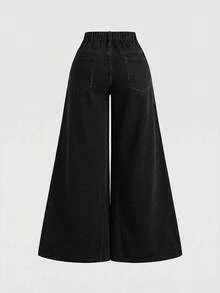 SHEIN MOD 大尺碼女款口袋寬腿鬆身休閒百搭牛仔長褲 - 黑色 - 查看 2