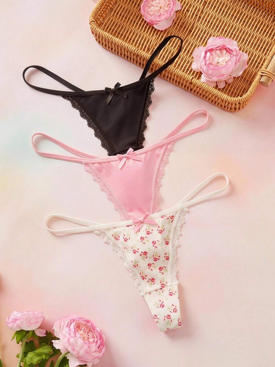 Elorette 3件套女士蝴蝶结蕾丝拼布花卉印花丁字裤 - 彩色 - 查看 1