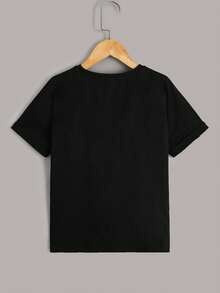 Tween Boy 2pcs Letter Graphic Tape Detail Tee, School, Campus, College,Kids - Black and White - View 9