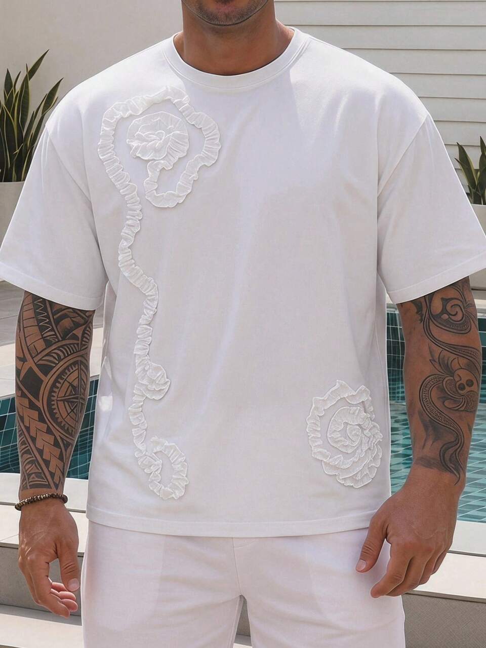 Short Pattern Embroidered White Men's Plus Size T-Shirt Summer