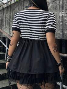 Whyspr Plus Size Striped Diamond Square Neck Patchwork Contrast Color Lace Trim A-Line Short Sleeve T-Shirt Party Black And White Summer 90s - Black and White - View 2