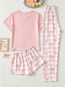 3件組青少年女孩居家服套裝，圓領短袖上衣搭配短褲與長褲，四季適用，黑粉白格紋與蝴蝶結印花，柔軟透氣輕盈針織面料，舒適時尚休閒睡衣睡褲 PJs，親膚舒適高品質彈性腰帶，時尚前衛現代簡約百搭日常舒適睡眠套裝 - 彩色 - 查看 2