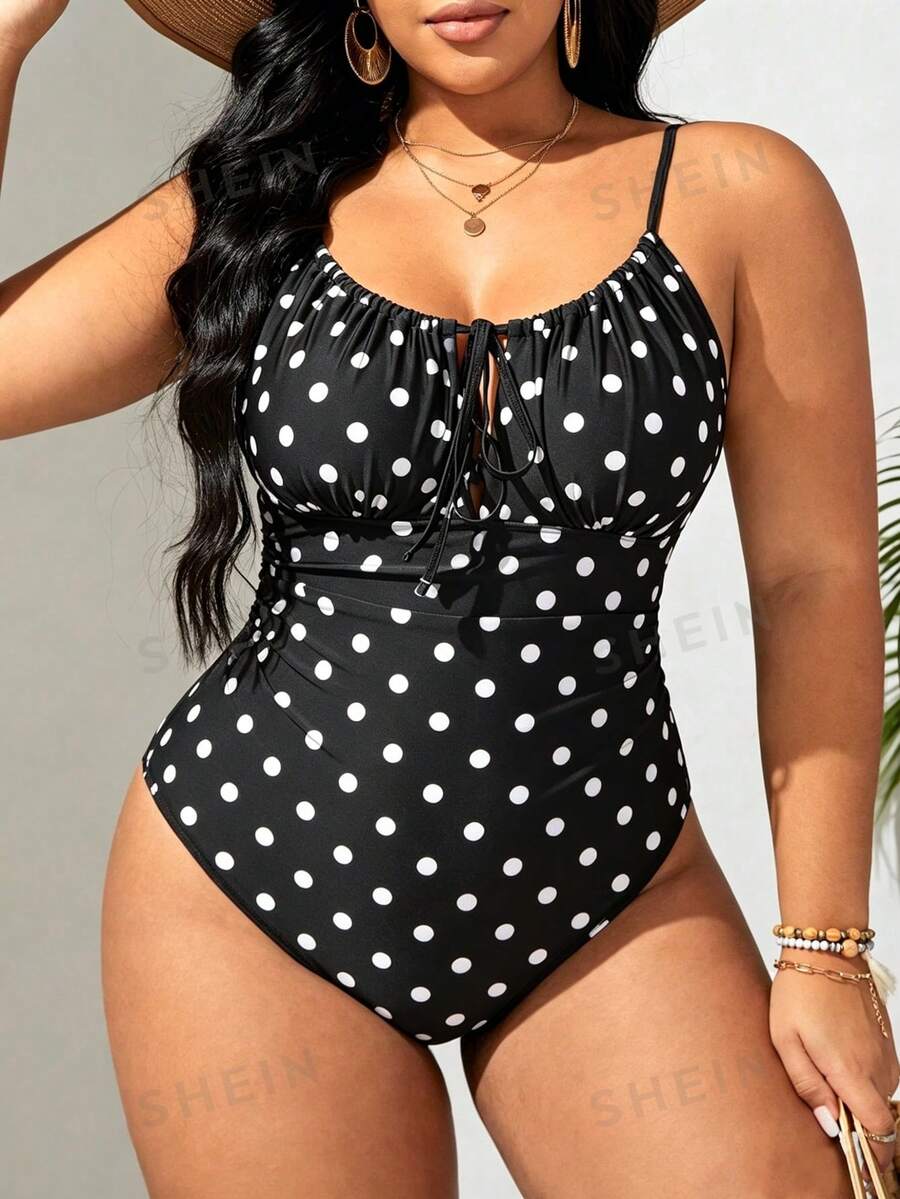 Swim Lushoire Baju Renang Liburan Terusan Motif Polkadot Ukuran Besar dengan Tali di Depan - Hitam dan Putih - View 1
