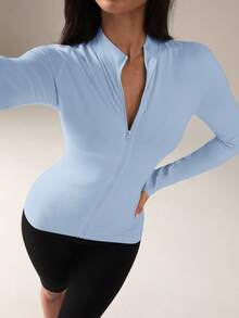 SHEIN BAE جاكيت رياضية طويلة الأكمام للنساء ذات لون أحادي، سحاب، متعددة الاستخدامات، للارتداء اليومي - أزرق فاتح اللون - مشاهدة 3