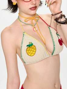 Sweetness Spring Summer Vacation Handmade Girl's Crochet Bikini Top, Black And White Leopard Print Contrast Color Design Women's Knit Top Beach Cute Y2k - Apricot - View 11